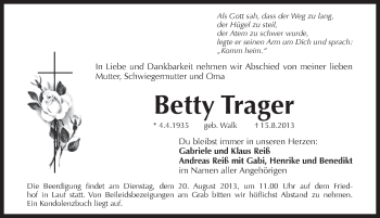 Traueranzeige von Betty Trager von Pegnitz-Zeitung